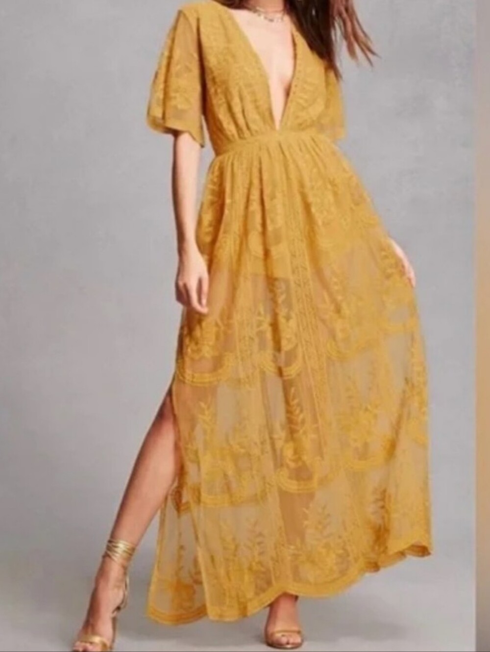 Socialite Mustard Lace V-Neck Maxi Dress